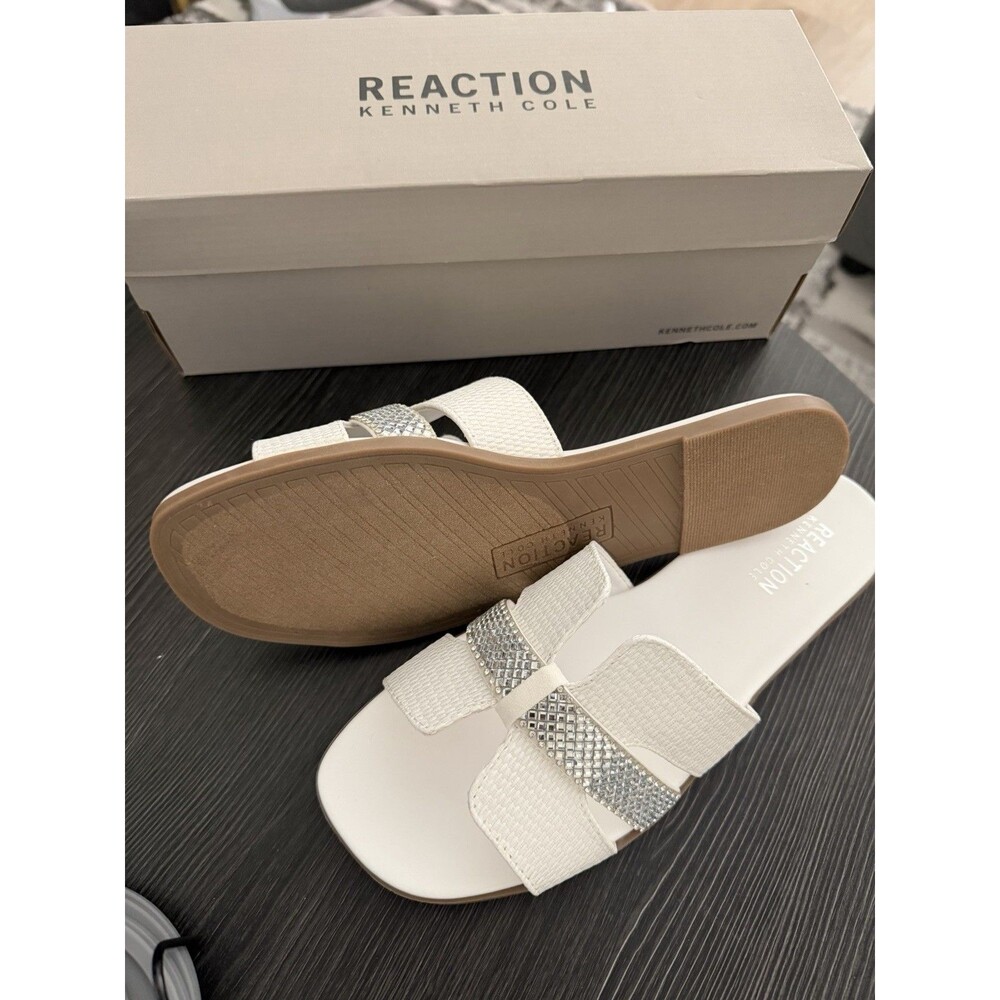 Reaction Kenneth Cole Women's Leather Slide Sandals White/Silver Rhinestone 7.5M